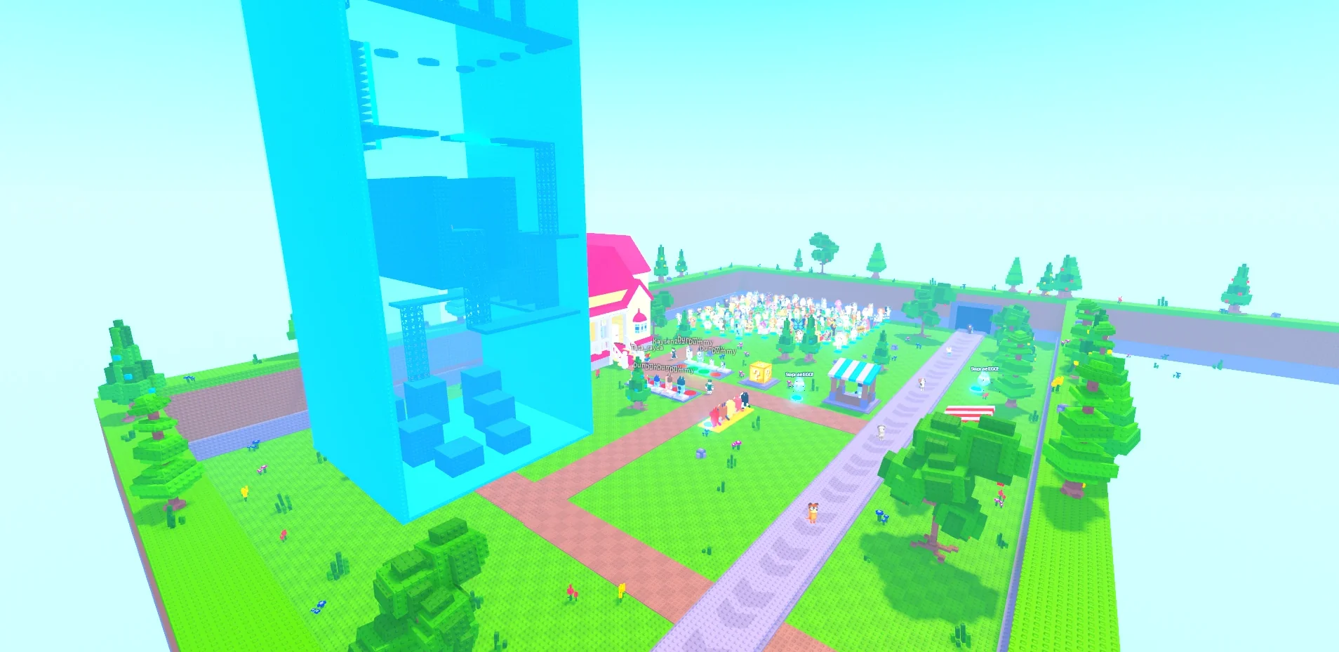 Bluey Roleplay before the rework: blocky studded map with a giant cyan tower